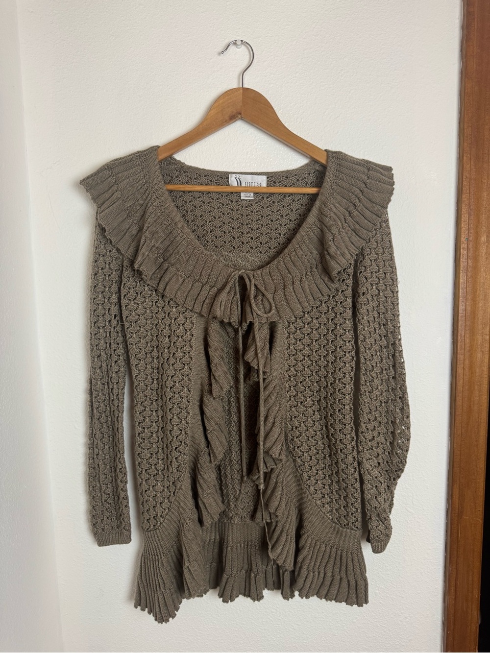 Vintage Taupe Ruffled Tie-Front Knit Cardigan